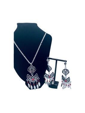 Silver-Tone Filigree Pendant Necklace & Earrings with Red Accents FINAL PRICE DR